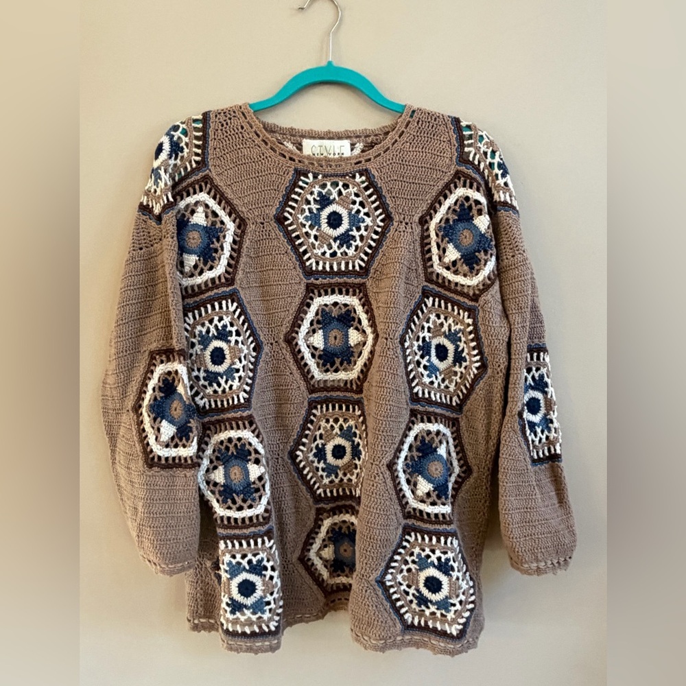Style New York Hand Knit Vintage Granny Square Crochet Cottagecore Boho Sweater